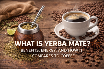 Traditional yerba mate gourd with bombilla next to coffee cup showing energy drink comparison
