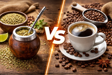Yerba mate vs coffee comparison showing traditional mate gourd and cup of coffee