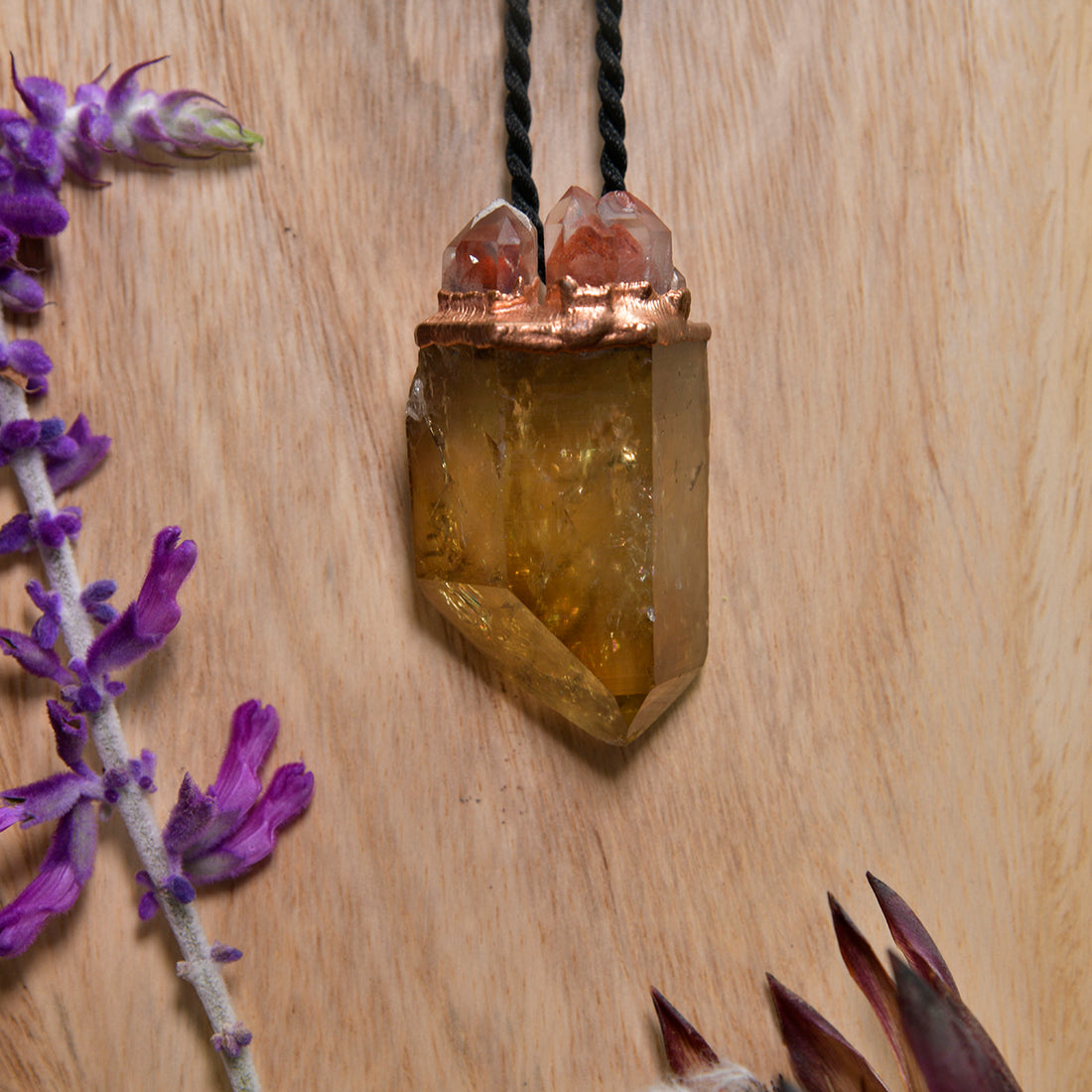 "Handcrafted copper electroformed pendant featuring Citrine and Hematoid Phantom Quartz crystals, esoteric jewelry for spiritual healing and positive energy."