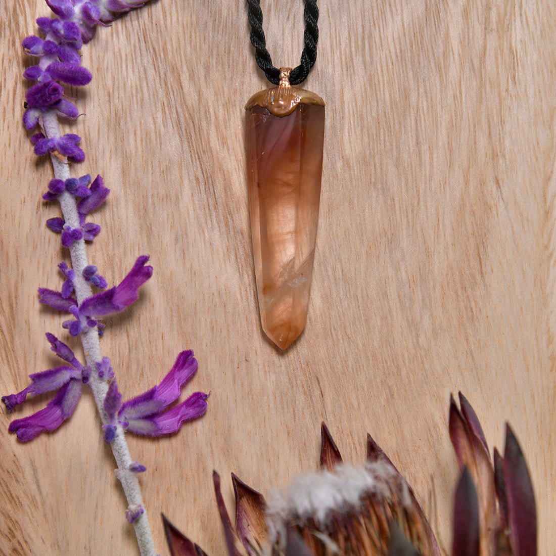 "Handcrafted copper electroformed Hematoid Quartz pendant, showcasing natural crystal inclusions, esoteric healing jewelry"