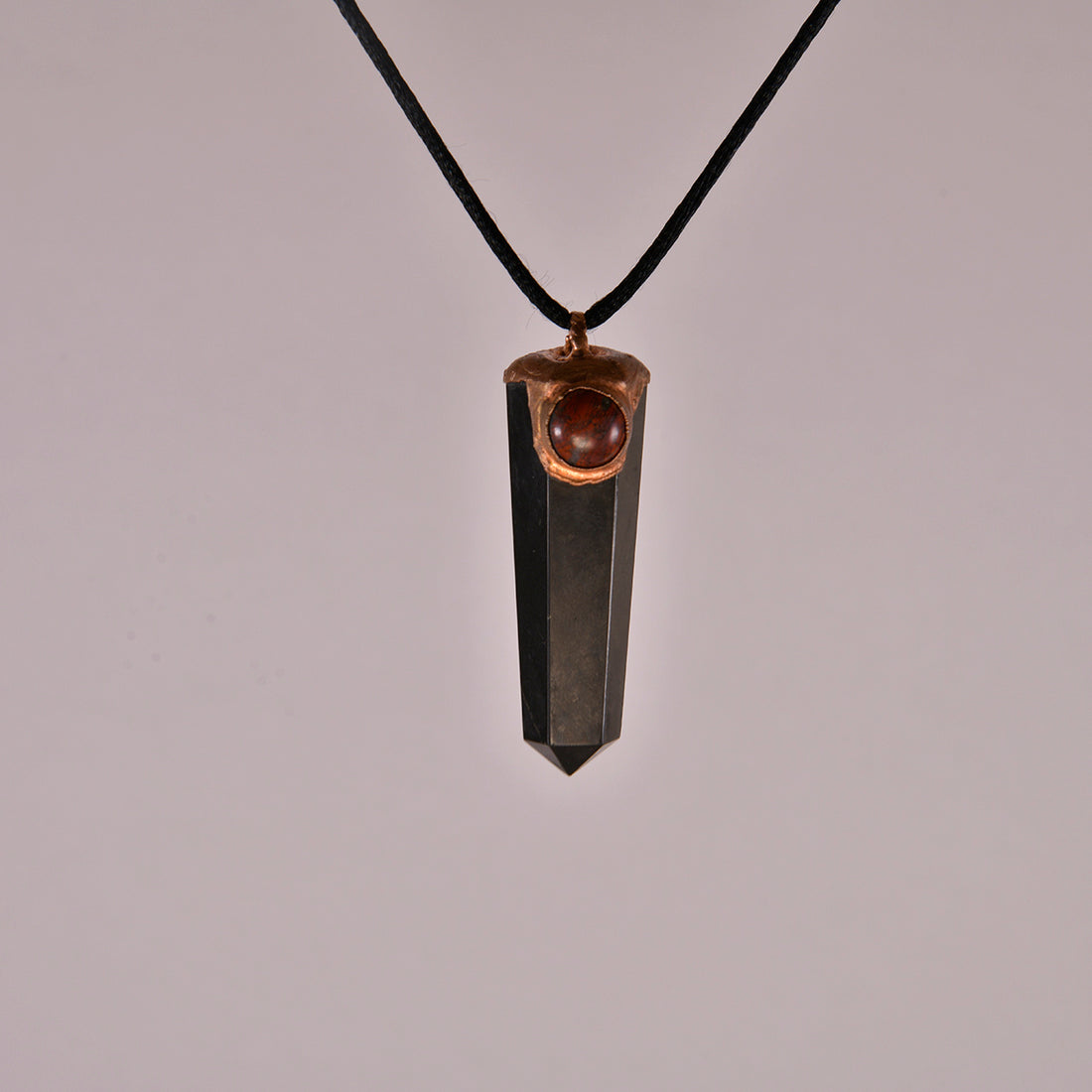 "Handcrafted copper electroformed pendant featuring Shungite and Red Jasper crystals, esoteric crystal jewellery for grounding and protection"