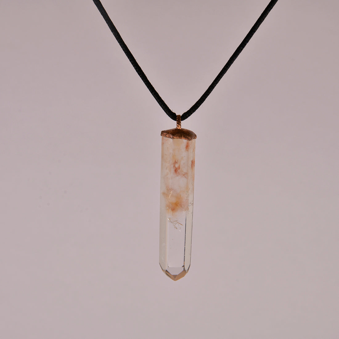 "Handcrafted copper electroformed Hematoid Quartz pendant, showcasing natural crystal inclusions, esoteric healing jewelry"