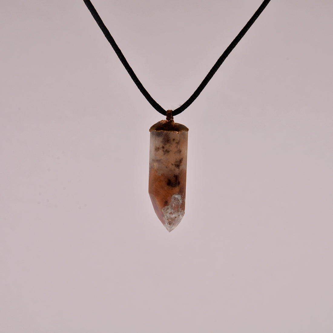 "Handcrafted copper electroformed Hematoid Quartz pendant, showcasing natural crystal inclusions, esoteric healing jewelry"