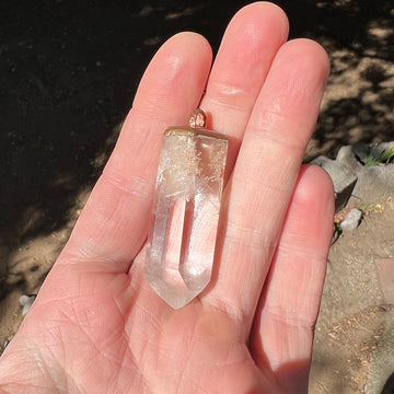 "Handcrafted copper electroformed Hematoid Quartz pendant, showcasing natural crystal inclusions, esoteric healing jewelry"