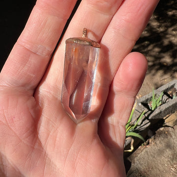 "Handcrafted copper electroformed Hematoid Quartz pendant, showcasing natural crystal inclusions, esoteric healing jewelry"