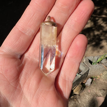 "Handcrafted copper electroformed Hematoid Quartz pendant, showcasing natural crystal inclusions, esoteric healing jewelry"