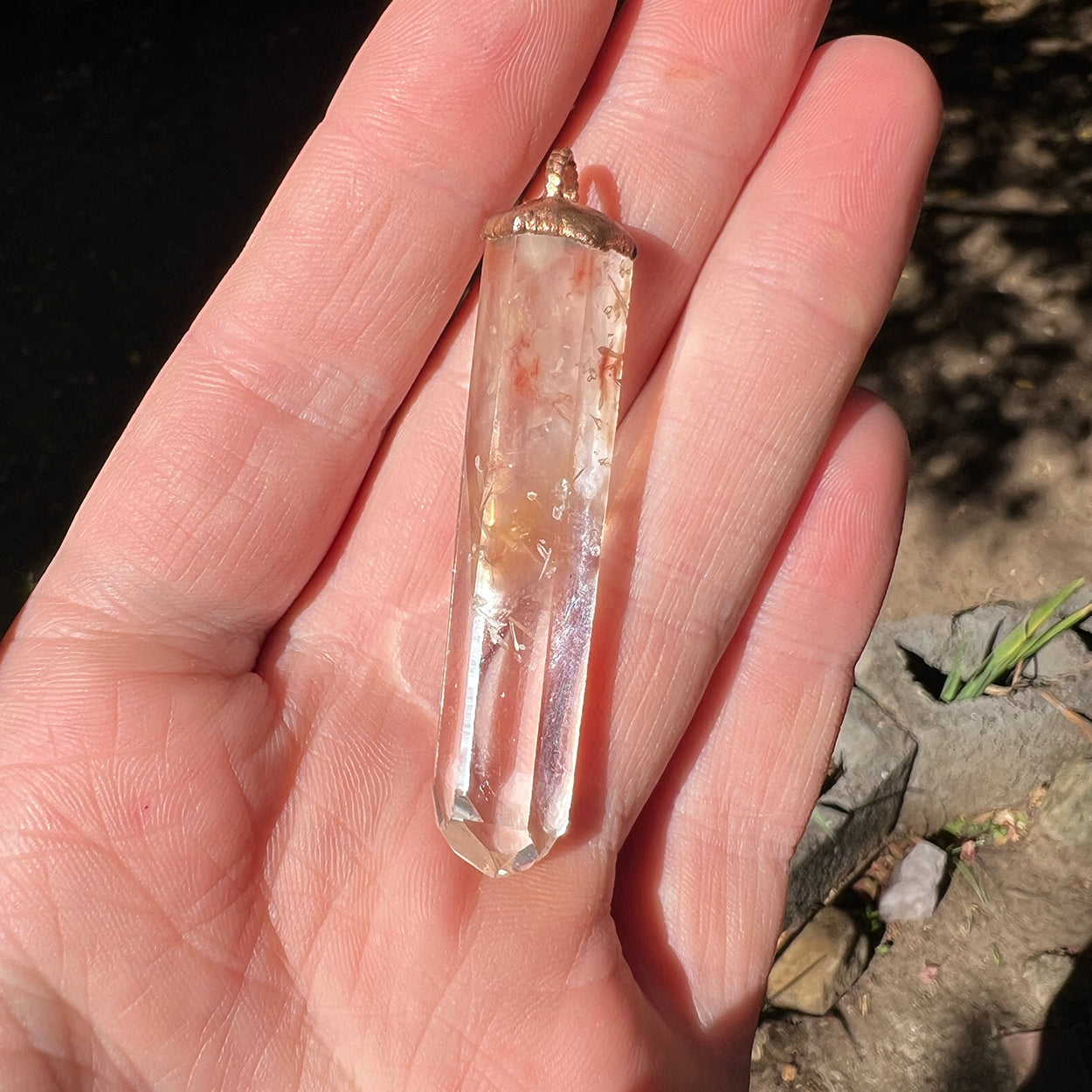 "Handcrafted copper electroformed Hematoid Quartz pendant, showcasing natural crystal inclusions, esoteric healing jewelry"