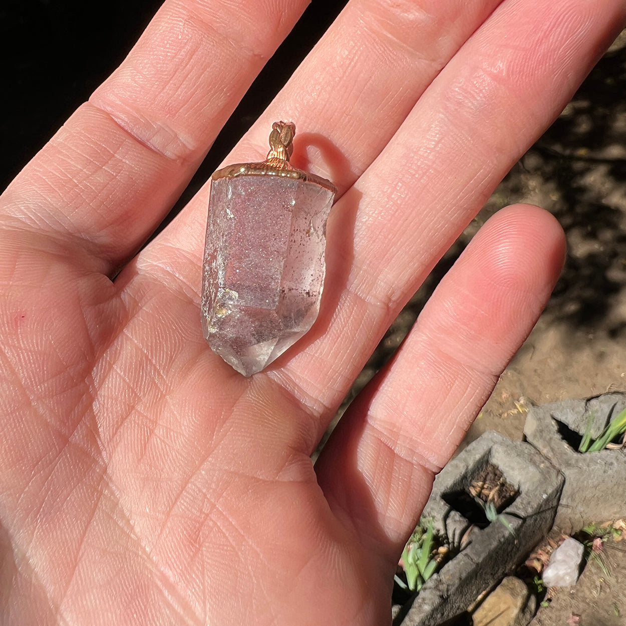 "Handcrafted copper electroformed Hematoid Quartz pendant, showcasing natural crystal inclusions, esoteric healing jewelry"