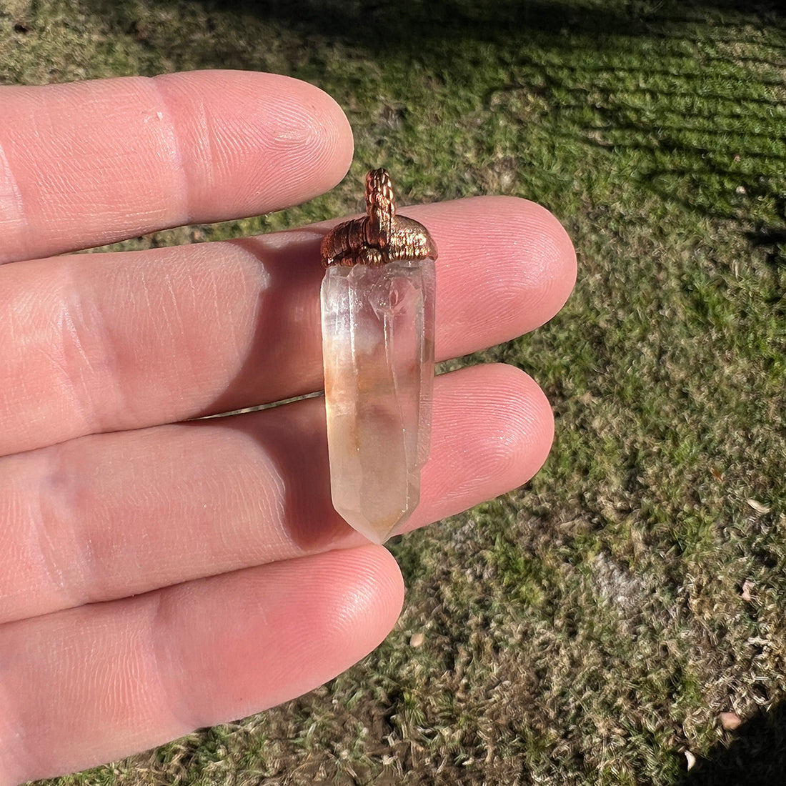 "Handcrafted copper electroformed Hematoid Quartz pendant, showcasing natural crystal inclusions, esoteric healing jewelry"