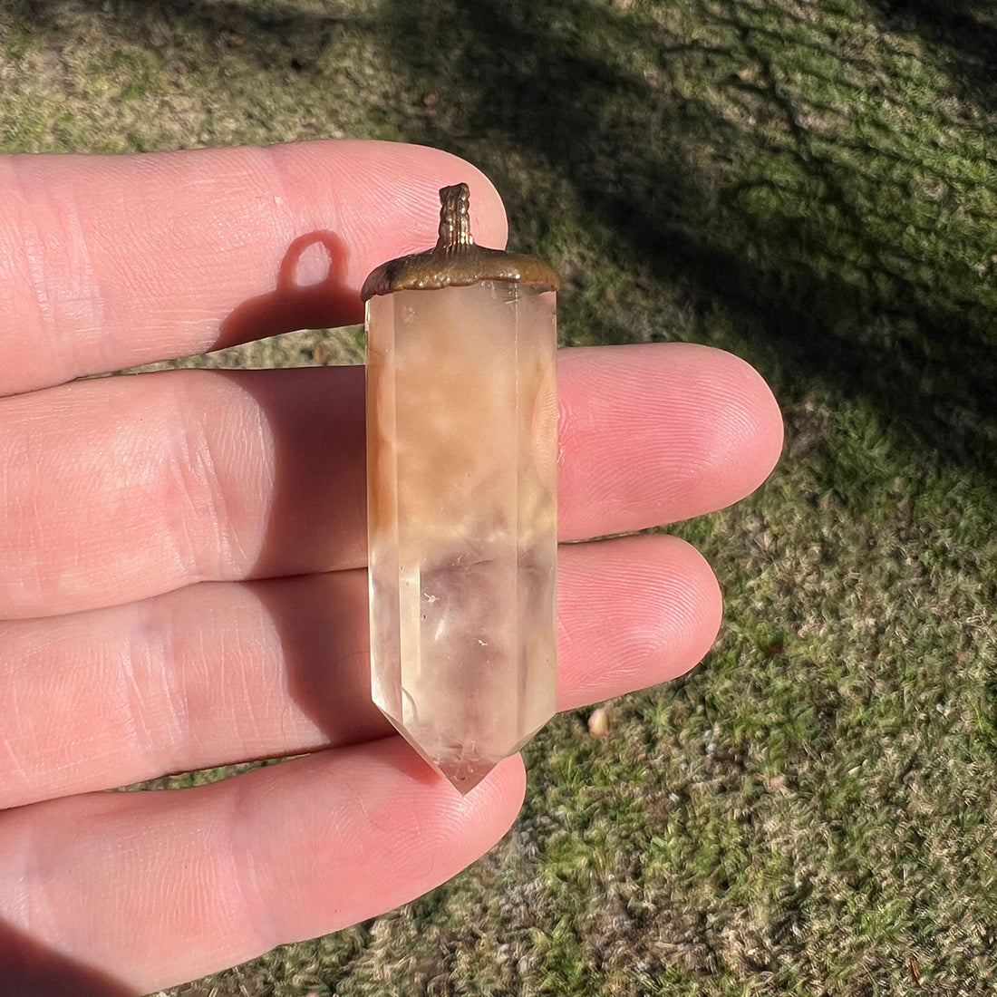 "Handcrafted copper electroformed Hematoid Quartz pendant, showcasing natural crystal inclusions, esoteric healing jewelry"