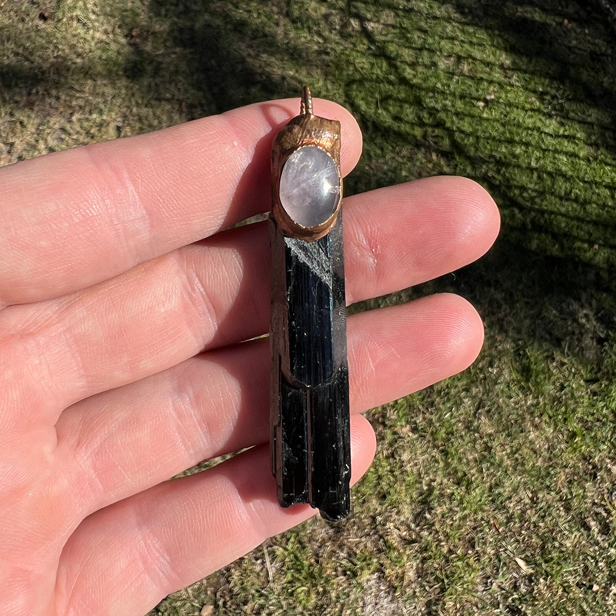 "Handcrafted copper electroformed pendant featuring Aegirine and Rose Quartz crystals, esoteric jewelry for spiritual healing, Loving Nurture and energy balance"