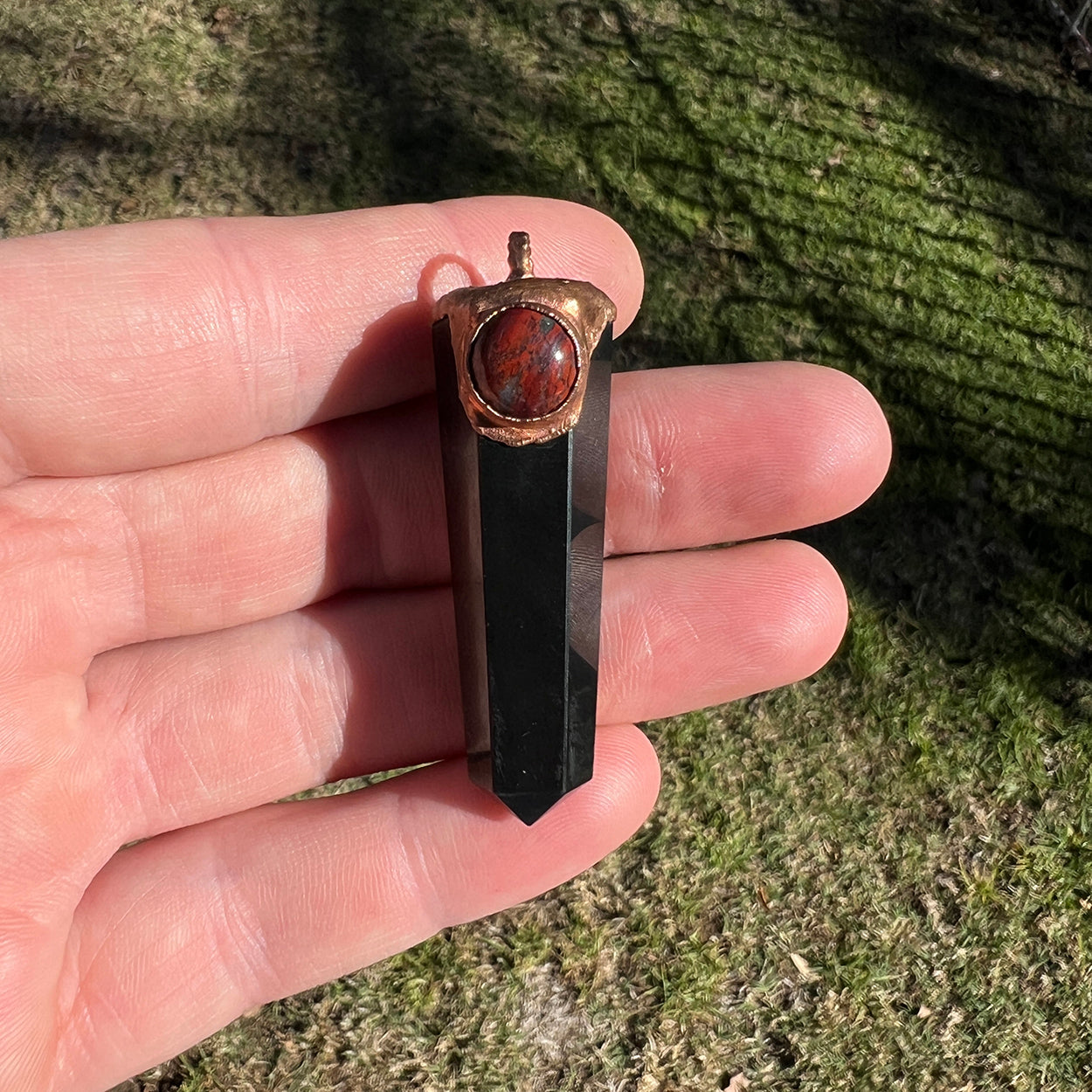 "Handcrafted copper electroformed pendant featuring Shungite and Red Jasper crystals, esoteric crystal jewellery for grounding and protection"