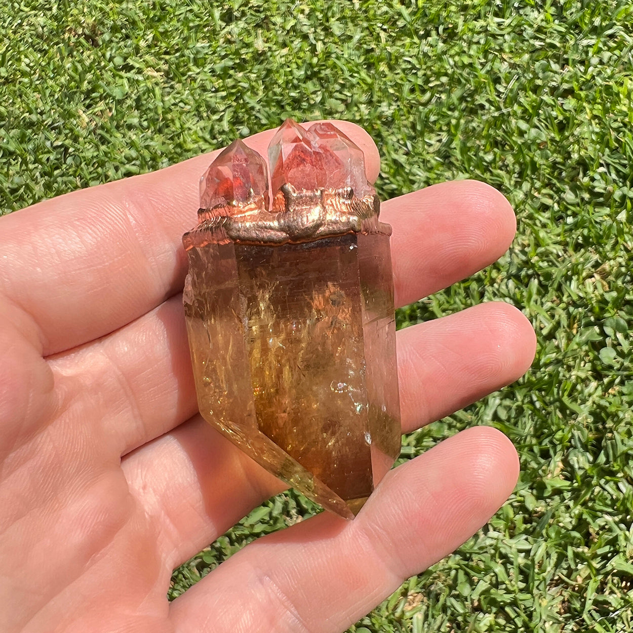 "Handcrafted copper electroformed pendant featuring Citrine and Hematoid Phantom Quartz crystals, esoteric jewelry for spiritual healing and positive energy."